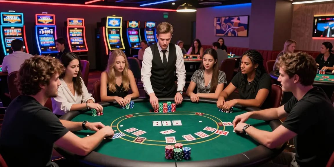 Friends enjoying a lively poker game at a vibrant gambling lounge, showcasing the excitement of lucky77 strategy.