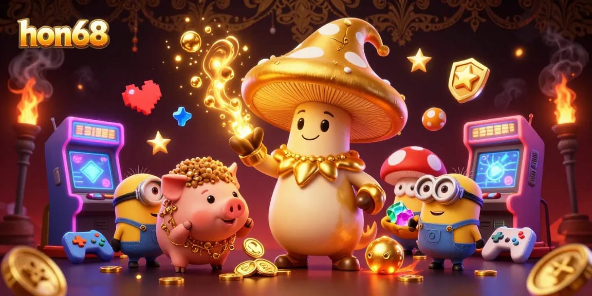 Engage in the enchanted wealth of hon68 with a golden mushroom wizard and treasure-seeking pig amidst vibrant gaming elements.