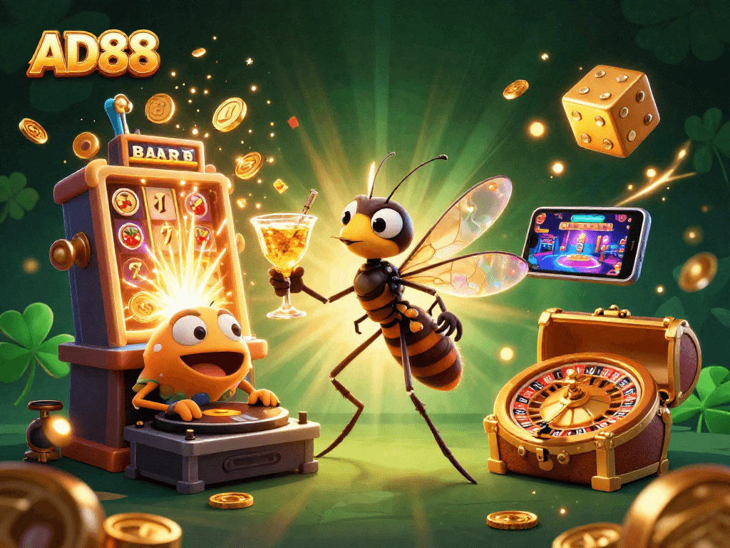 Experience thrilling gaming at AD88 with a vibrant casino mascot and dynamic elements.