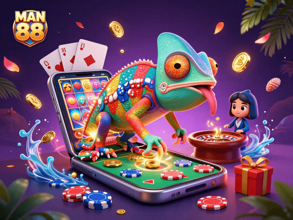 Witness the vibrant energy of MAN 88's casino scene with a dynamic chameleon owner and gold coins!
