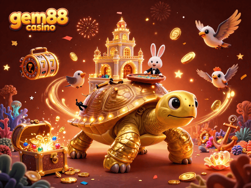 Experience excitement at gem88 casino with a lively 3D illustration featuring a golden tortoise and enchanting elements.