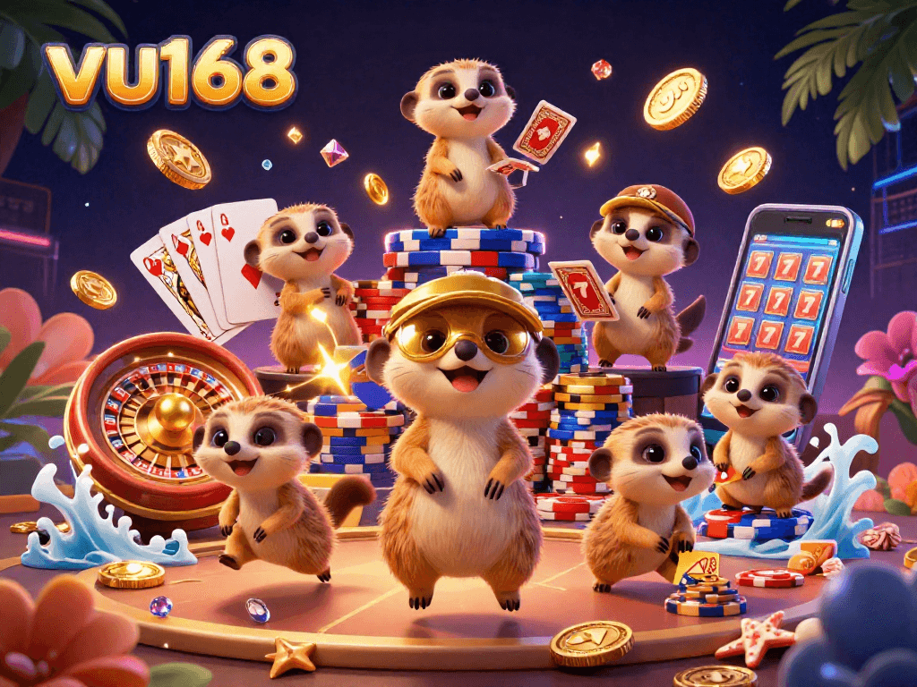 Playful meerkats in a dynamic casino setting showcasing vu168's gaming excitement and strategy.