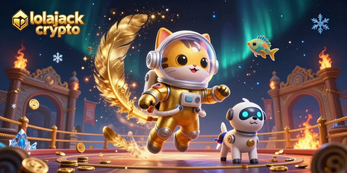 Spin to win in lolajack crypto, a vibrant 3D casino scene with astronaut cat and robot dog.