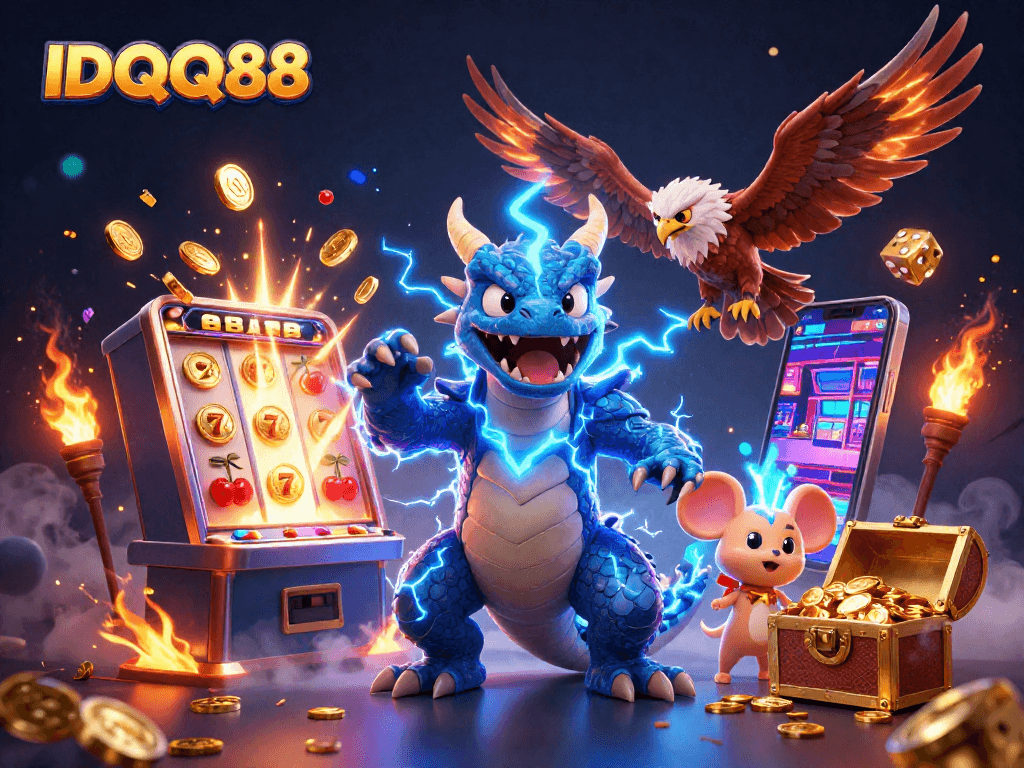 Experience thrilling wins with IDQQ88's vibrant casino games showcased in dynamic 3D illustration.