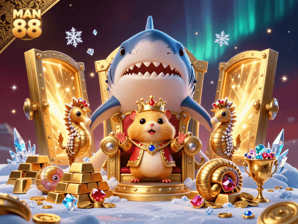 Experience the thrill of MAN 88 with vibrant treasure and a fearless hamster king in this 3D casino scene.