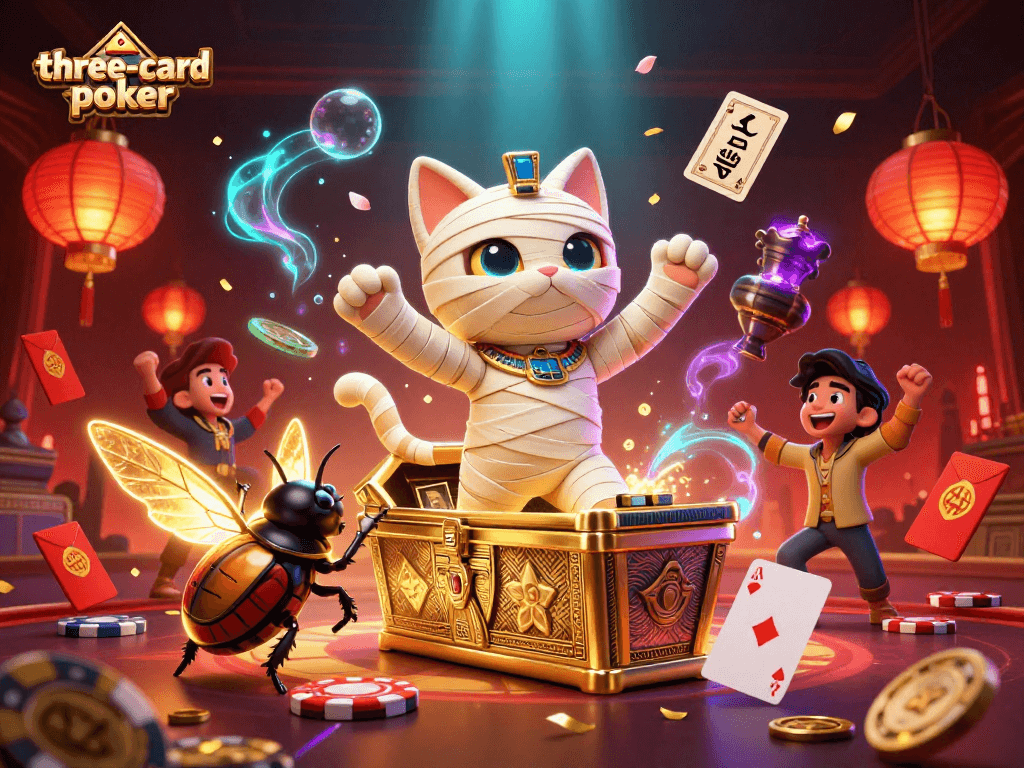 Engage in three-card-poker action with vibrant casino elements in a dynamic 3D illustration