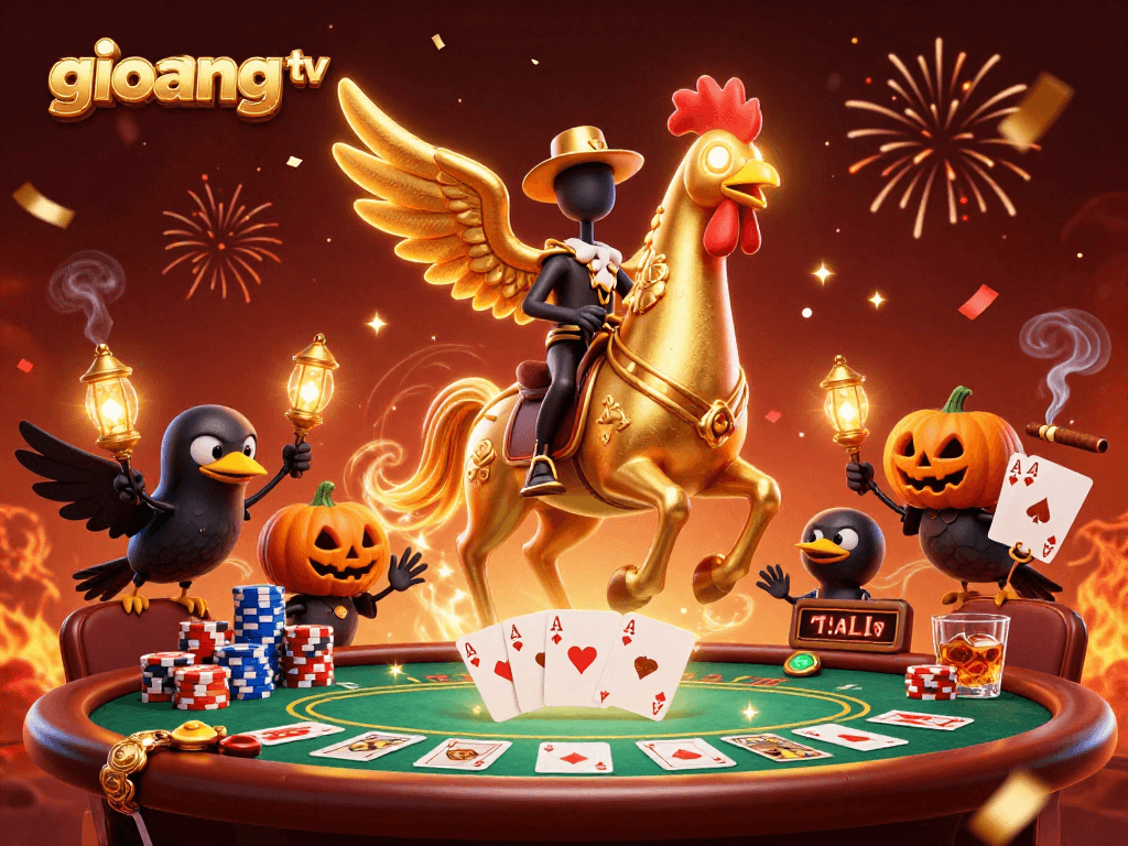 Join the excitement of giovang tv with a golden rooster character in a vibrant casino scene.