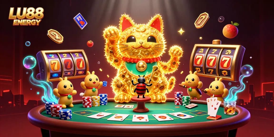 Experience thrilling action with LU88 ENERGY in a vivid casino scene filled with lucky symbols and dynamic bets.