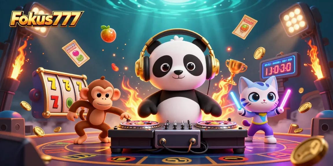 Win big with Fokus777 as DJ Panda spins on a roulette wheel in this vibrant 3D illustration.