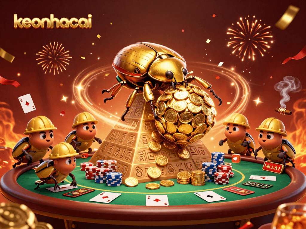 Engage in thrilling experiences at keonhacai with a vibrant 3D casino scene featuring golden beetles and poker elements.