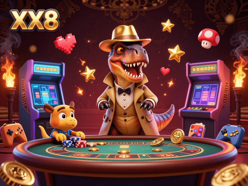 Win with XX8 at the blackjack table in a vibrant 3D casino scene filled with colorful gaming elements.