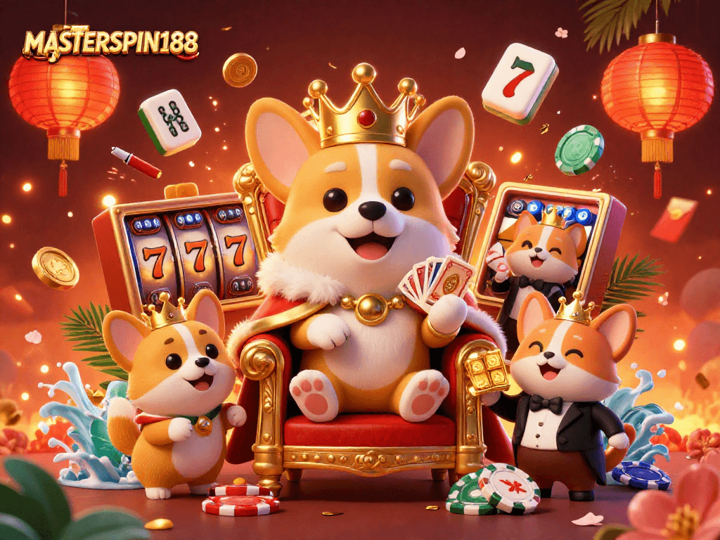 Engage with MASTERSPIN188 through a vibrant casino scene featuring a royal corgi on poker chips surrounded by festive elements.