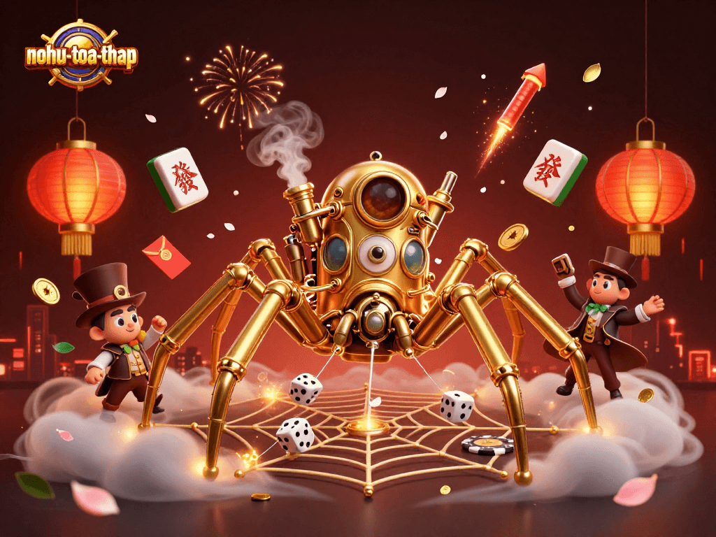 Spin big wins with nohu-toa-thap in this vibrant 3D casino-themed illustration.