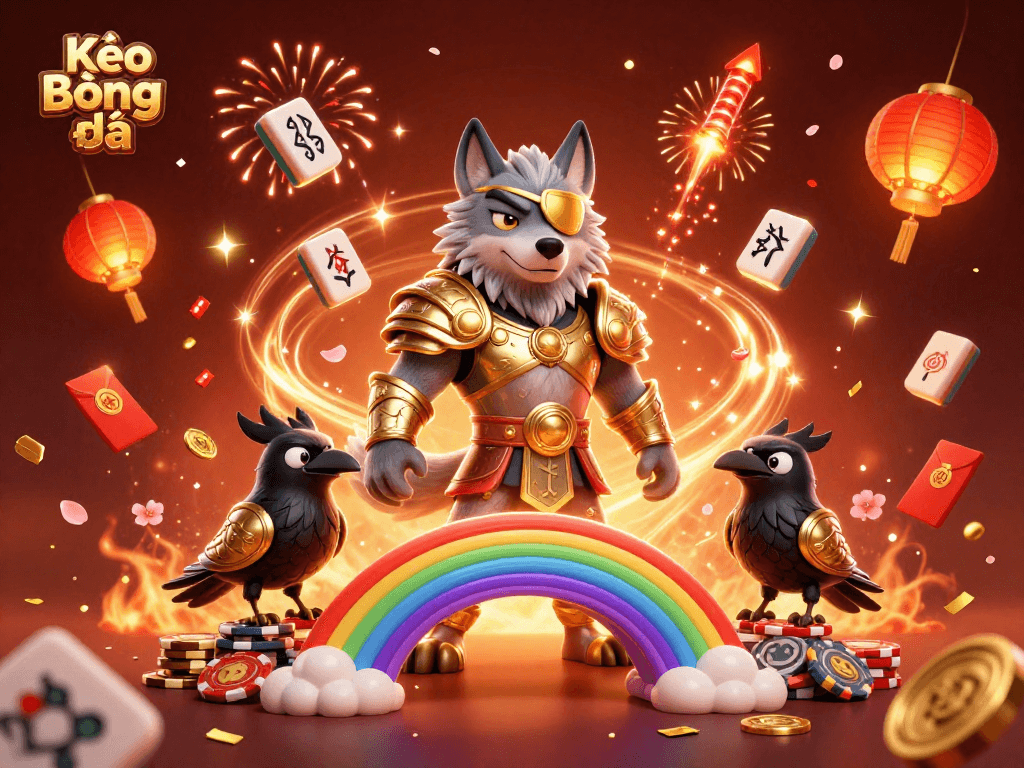 Kèo Bóng Đá betting illustration with Odin wolf, ravens, and casino elements in a festive scene.