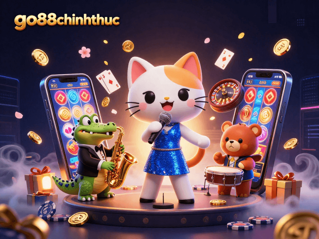 Experience thrilling gaming with go88chinhthuc, showcasing lively characters and exciting casino action.