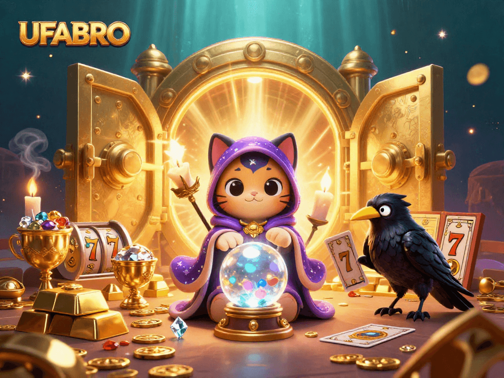 Experience UFABRO's vibrant casino magic with fortune teller cat, raven, and gold treasures.