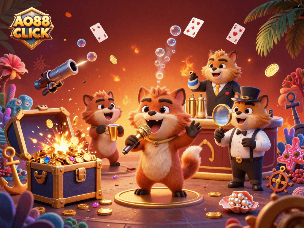 Experience the excitement of AO88 CLICK as hyenas bring laughter to the casino with gold coins and colorful gems!