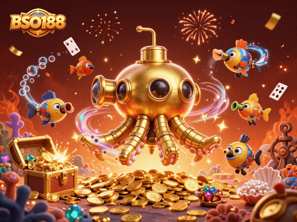 Engage with BSO188 through a thrilling underwater adventure featuring a golden kraken and treasure.