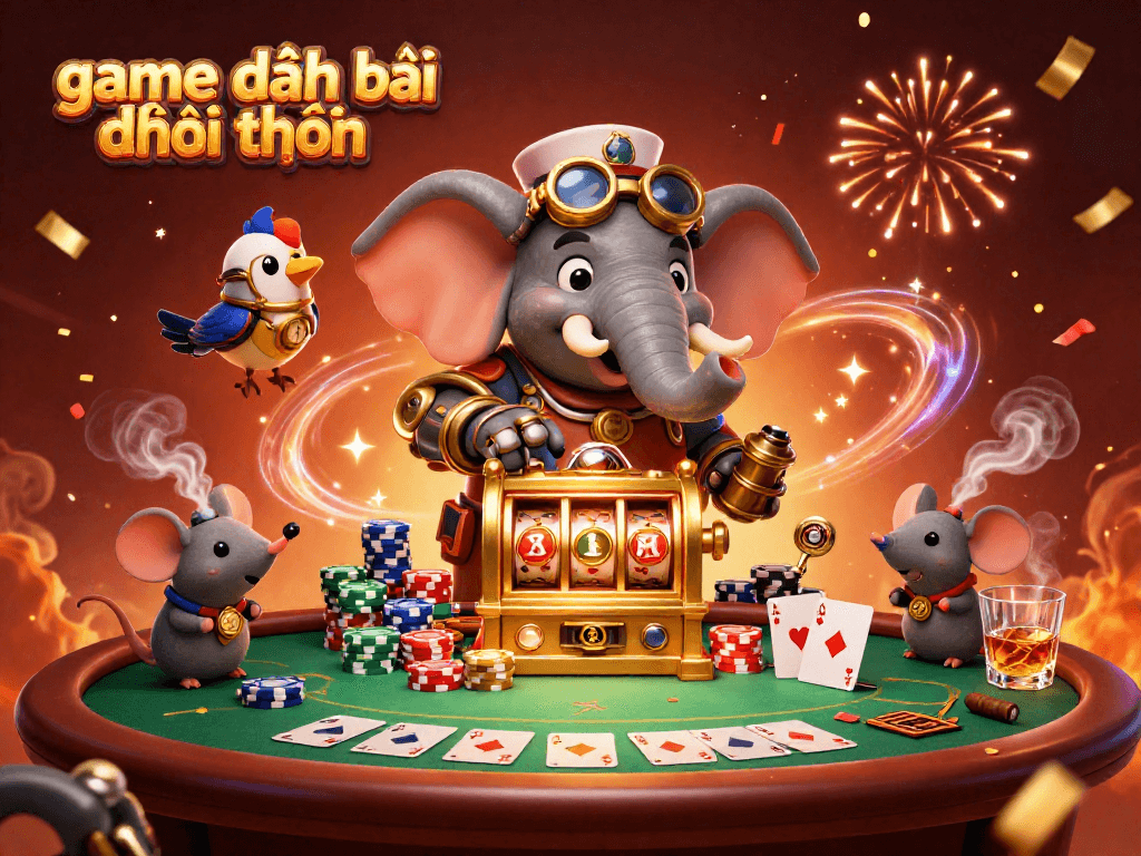 Playing game đánh bài đổi thưởng with a festive steampunk elephant engineer and lively casino elements.