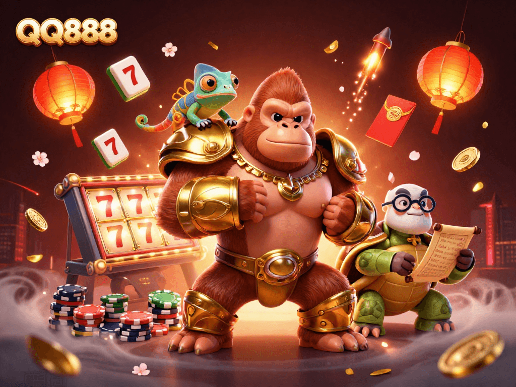 Engage in thrilling gameplay with the QQ888 platform featuring dynamic gambling elements and characters.