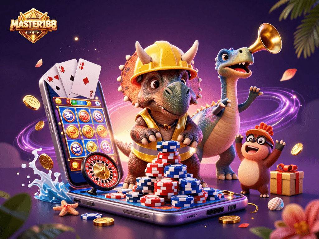 MASTER188 promotes excitement with a triceratops building poker chip towers and players enjoying slots.