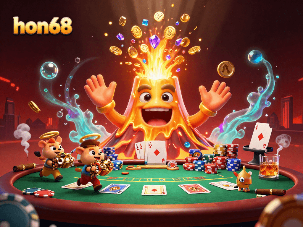 Experience thrilling action at hon68 with a golden volcano erupting treasure surrounded by dynamic poker elements.