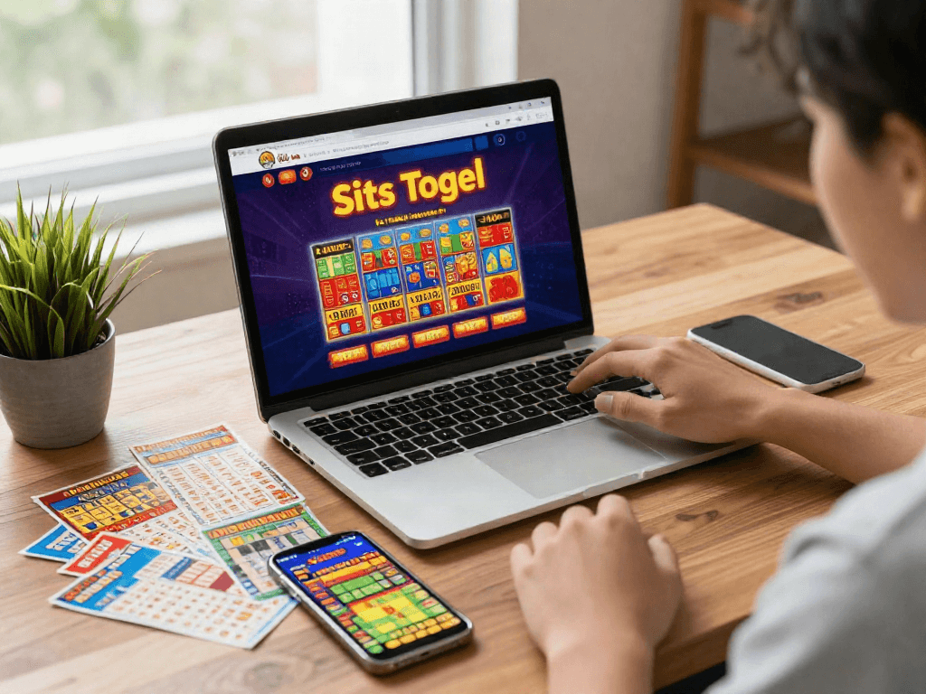 Engaged user exploring situs togel options on a laptop with colorful lottery tickets and soft natural lighting.