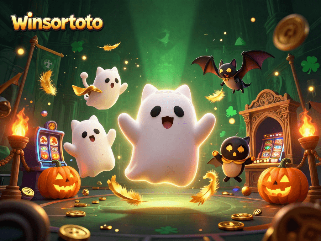 Menampilkan winsortoto, kucing hantu ramah menembus kasino berhantu dikelilingi koin emas dan simbol permainan.