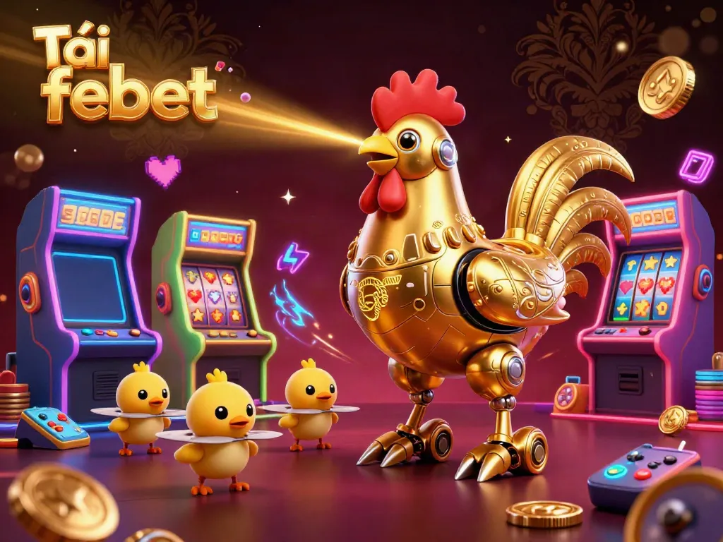 Engage in thrilling gameplay with Tải febet, featuring a golden rooster robot in an action-packed casino scene.