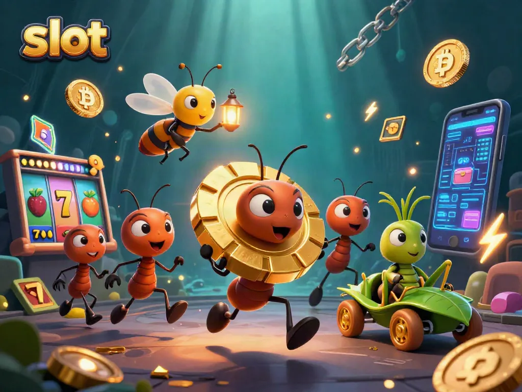 Semut pengumpul koin slot berjemur di jackpot emas, mengendarai mobil daun.