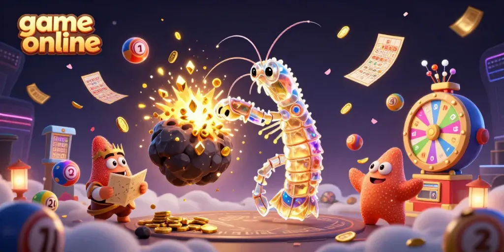 Engage in thrilling game online experiences with colorful elements like lottery balls and a dynamic prize wheel, featuring unique characters.