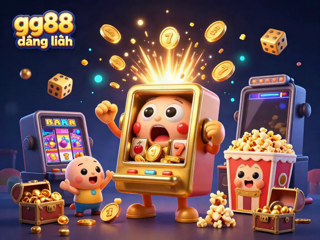 Experience the excitement of gg88 đăng nhập as the golden slot machine hits jackpots with coins pouring out, surrounded by cheering baby slots.