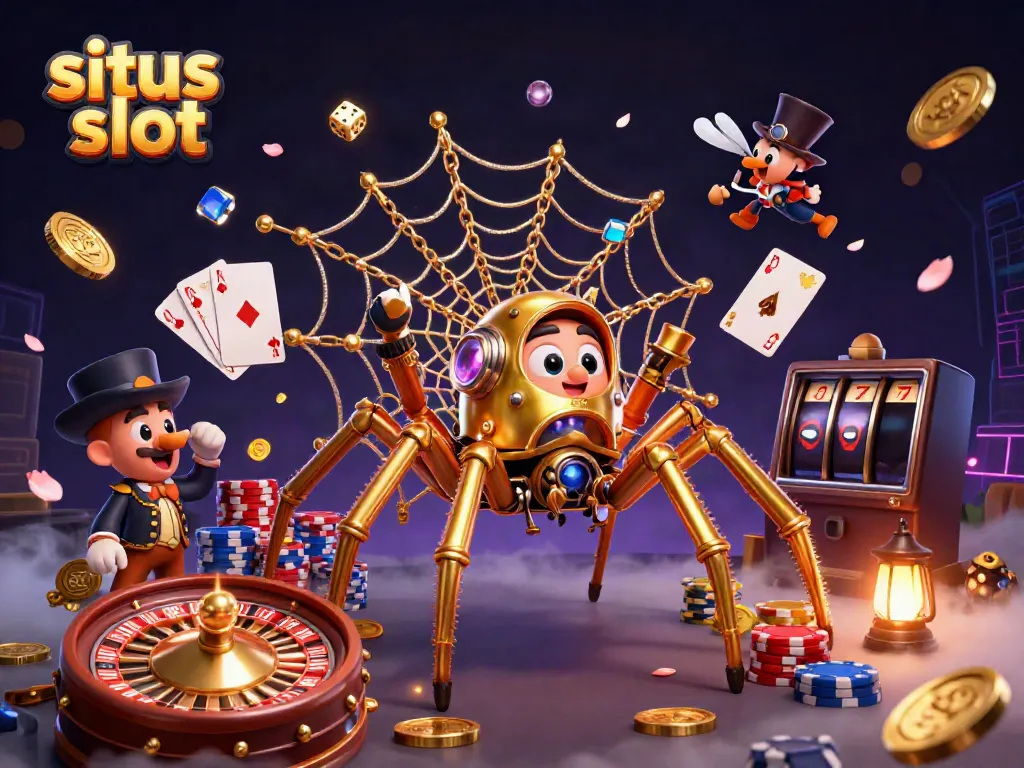 Menyambut situs slot, ilustrasi 3D arachnida steampunk yang rumit di dunia kasino dengan koin emas berhamburan.