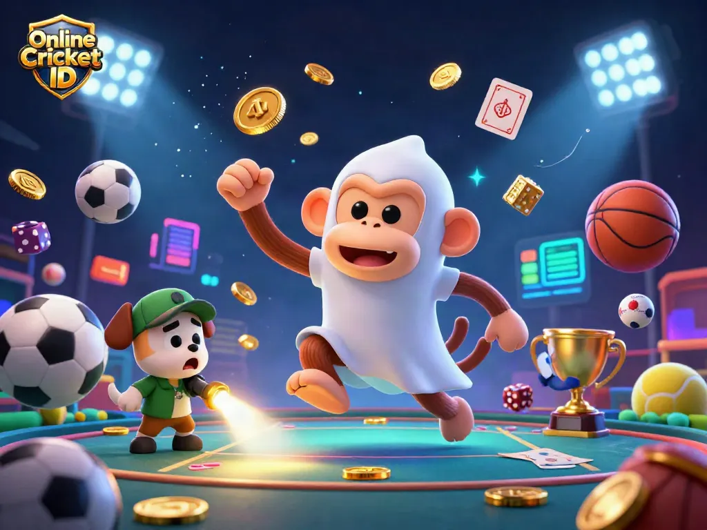 Engage with Online Cricket ID in a dynamic sports betting scene featuring a juggler monkey and a curious puppy.