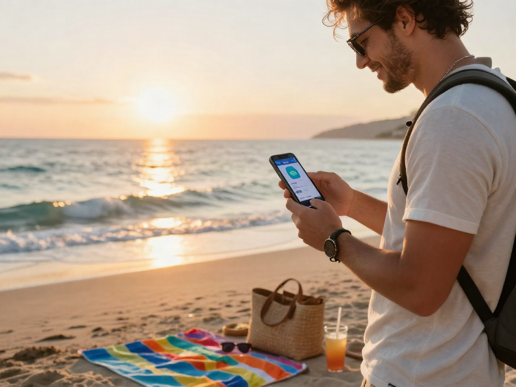 Traveler using slot qris app on smartphone at scenic beach during sunset.