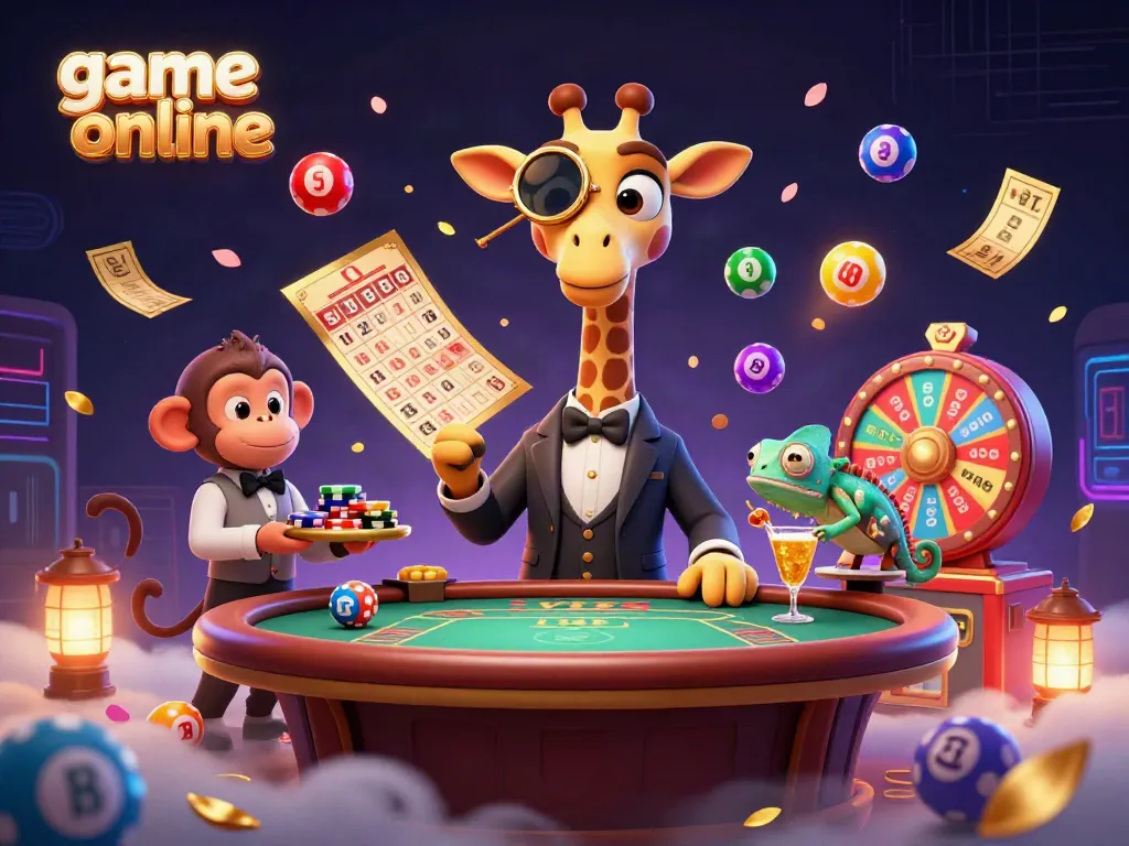 Experience the excitement of game online gaming with a giraffe, monkey, and chameleon in a lively casino scene.