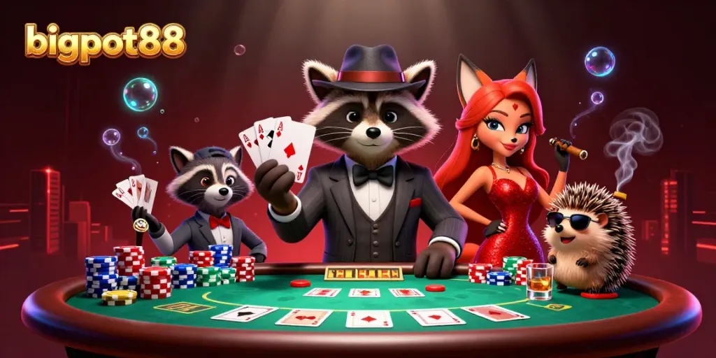 bigpot88 menghadirkan momen seru dalam permainan poker dengan rakun, rubah, dan landak dalam satu gambar.