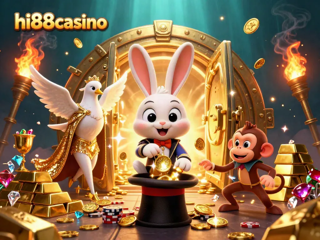 Experience hi88casino's magic with a captivating scene featuring playful characters and shimmering treasures.