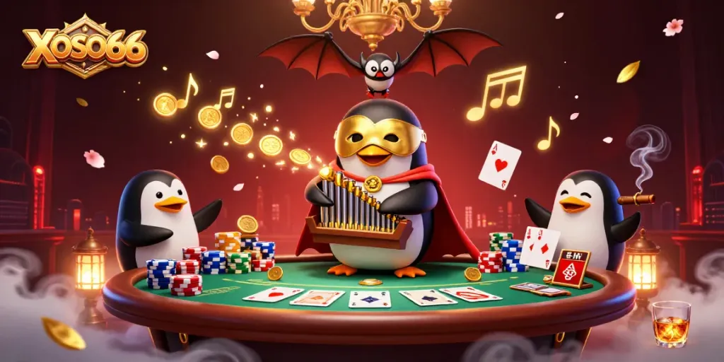 XOSO66 brings excitement with a 3D cartoon phantom opera penguin playing a winning pipe organ filled with coins.