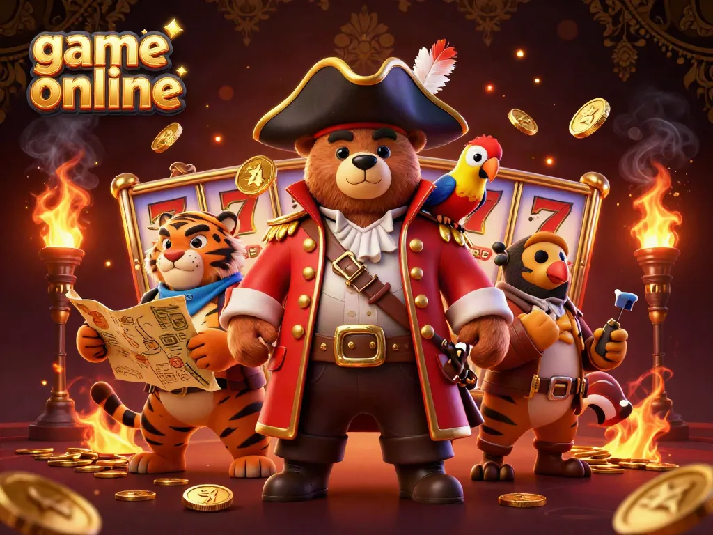 Engaging game online scene features pirate bear and tiger amidst slot reels and golden coins