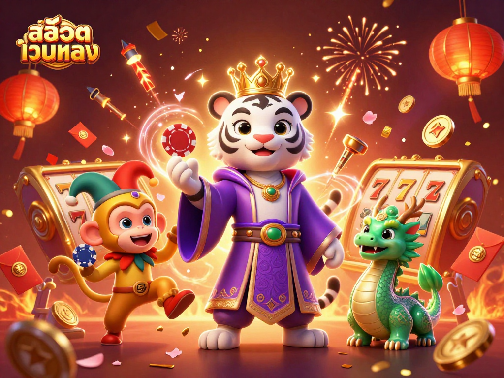 Play สล็อตเว็บตรง with fun elements including a white tiger, golden monkey, and jade dragon.
