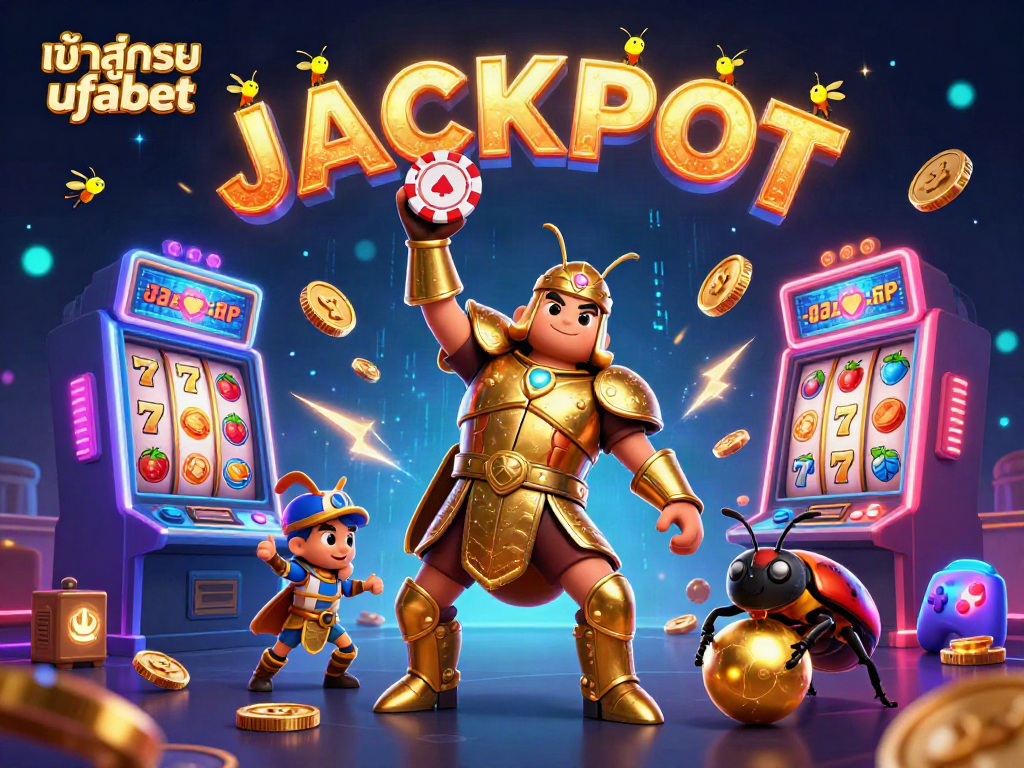 Engage in exciting gaming adventures with เข้าสู่ระบบ ufabet, featuring bright slot machines and jubilant characters.