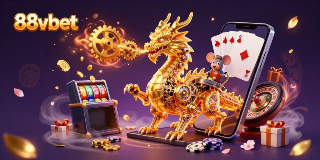 Experience the excitement of 88vbet with a majestic dragon and animated casino elements in a vibrant scene.