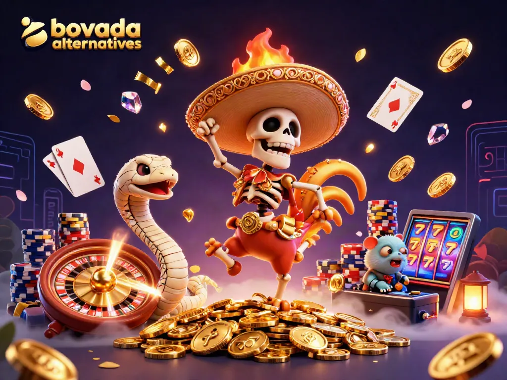 Experience dynamic bovada alternatives with animated characters celebrating on a golden coin pile with casino elements.