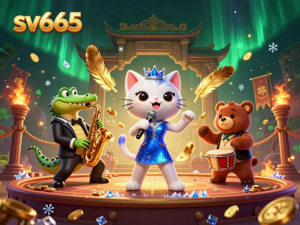 Experience thrilling wins at sv666 with a jazz-singer cat, crocodile, and bear in a vibrant casino scene.