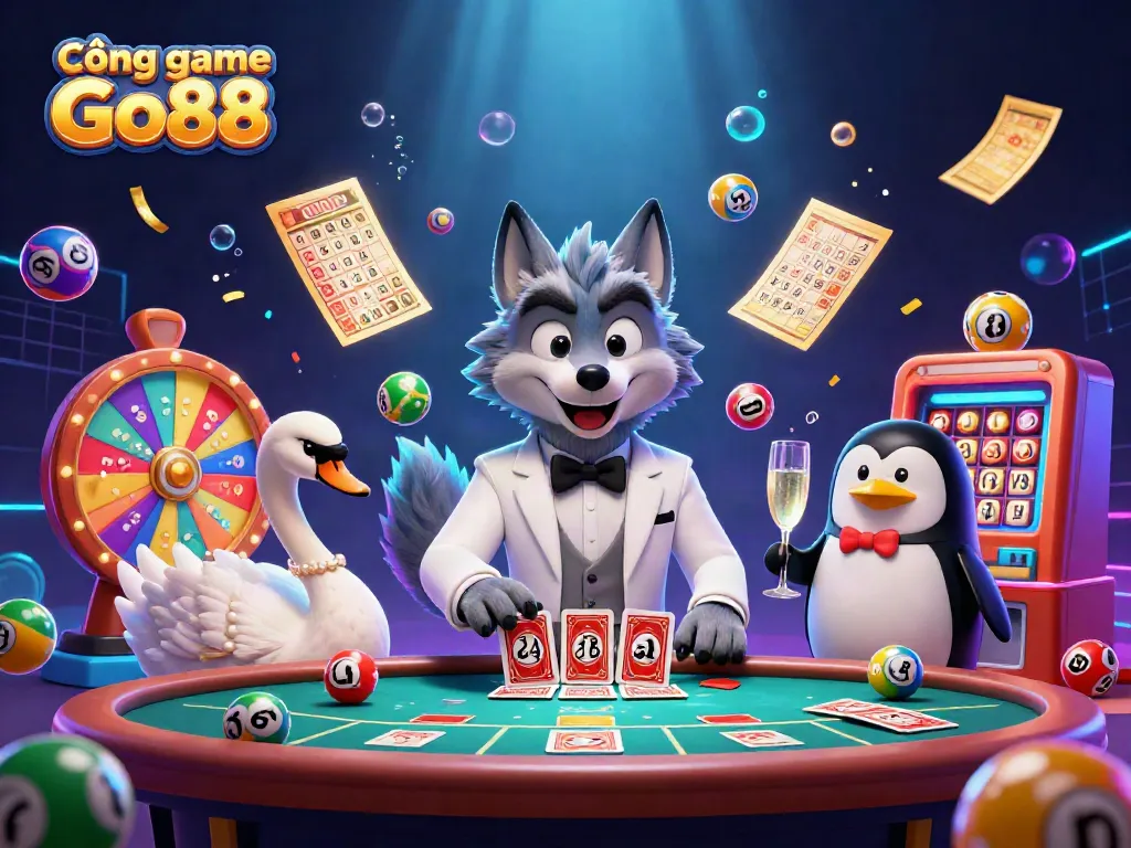 Experience excitement with Cổng game Go88 featuring a debonair wolf, elegant swan, and penguin in a lively casino scene.