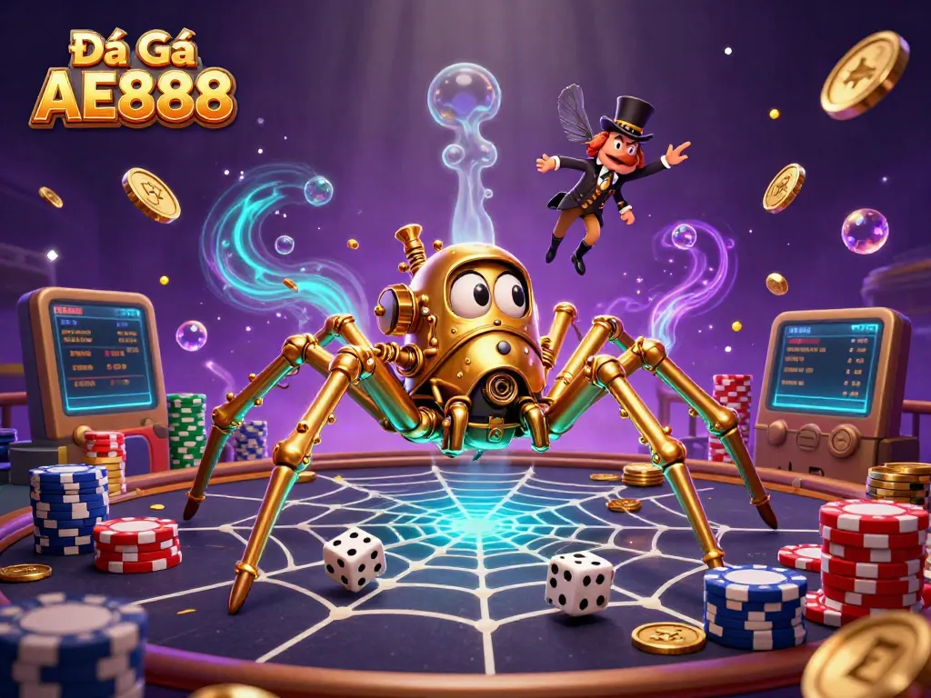 Experience the excitement of Đá Gà AE888 in a dynamic 3D illustration featuring steampunk elements, golden spider, and vibrant casino decor.