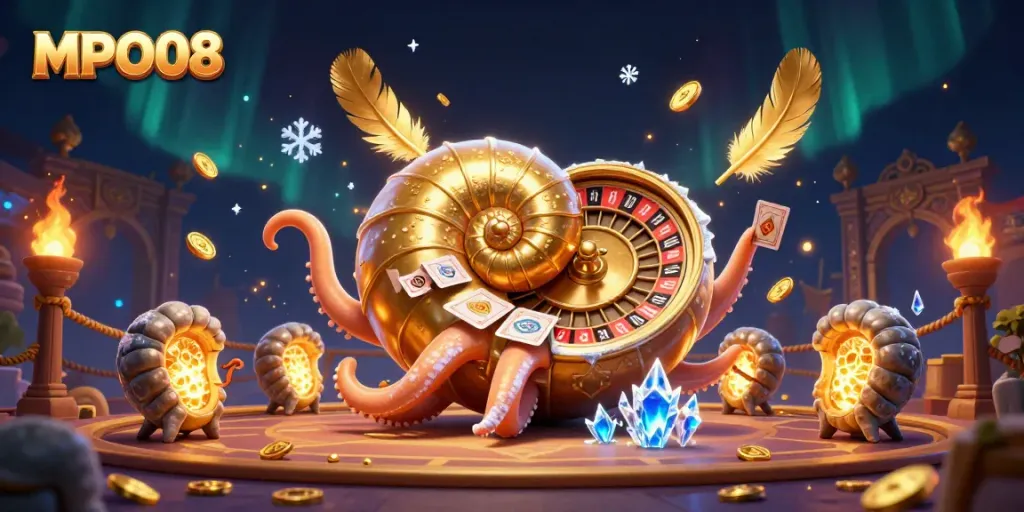 MPO08 inspires excitement with a giant nautilus roulette wheel and glowing ammonite fossils in an enchanting casino scene.