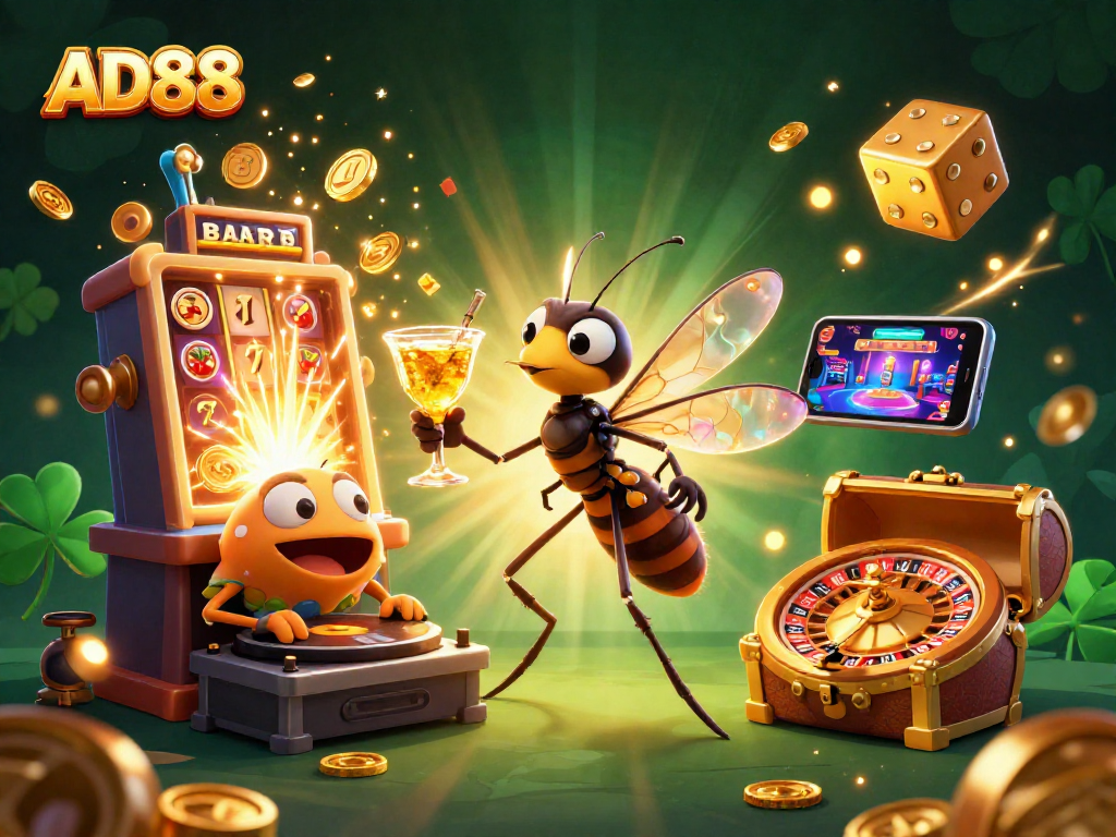 Experience thrilling gaming at AD88 with a vibrant casino mascot and dynamic elements.