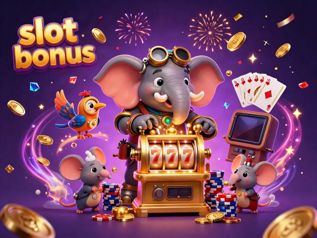 Experience the thrilling slot bonus adventure with a steampunk elephant, vibrant coins, and spinning roulette.